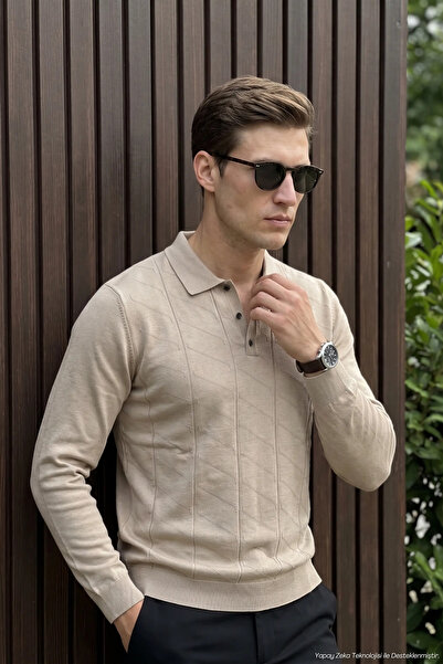 Çizgi Triko Men's Polo Collar Mink Sweater with Stripe Pattern Knitwear Class...