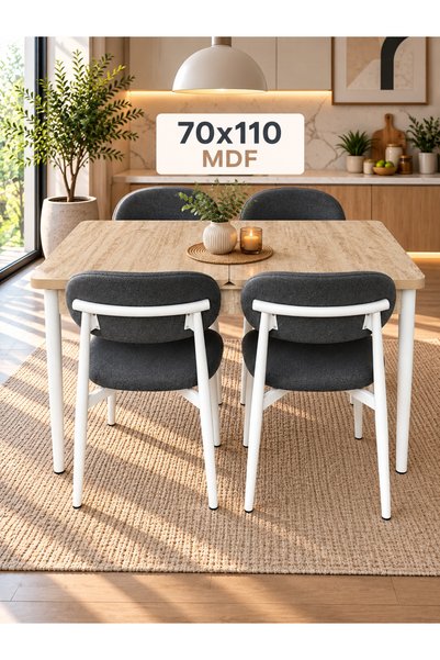 DEREN HOME Calve Serisi MDF 70x110 Açılabilir Traverten Masa 4 Adet Silinebil...
