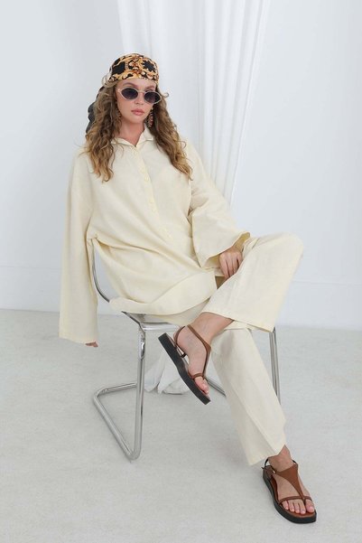 Loreen Women's Oversize Shirt Set with Button Detail - 20694Tks Beige