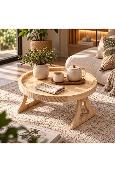 N.zone Natural Pine Wood Round Elevated Sofa Tray - Versatile Wooden Serving ...