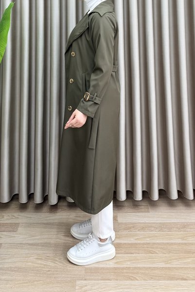 mercan moda TRENCHCOAT MARS din țesătură Bondit pentru femei, de culoare kaki, cu nasturi detașabili, curea detașabilă și detaliu buzunar