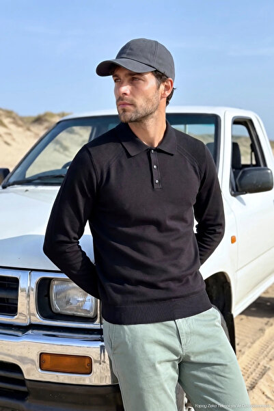 Çizgi Triko Men's Polo Collar Black Sweater with Shoulder Stripe Detail Knitw...
