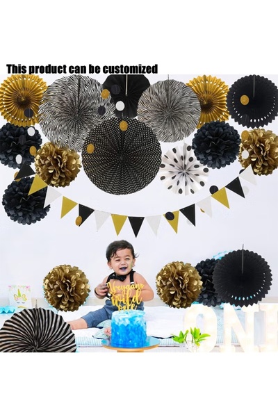 Generic Brand Black Gold Hanging Paper Fan Party Decor Set, Paper Pom Poms