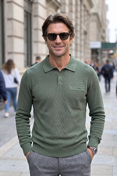 Çizgi Triko Men's Polo Collar Knitwear Cotton Green Sweater Bird Eye Patterne...