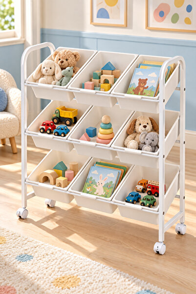 nuvora Kids Toy Storage Organizer with Wheels, 3-Tier 9-Bin Mobile Toy Box an...