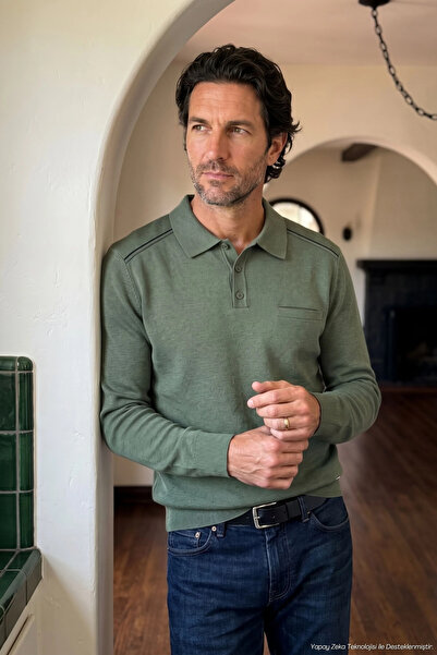 Çizgi Triko Men's Polo Collar Green Sweater with Shoulder Stripe Detail, Stee...