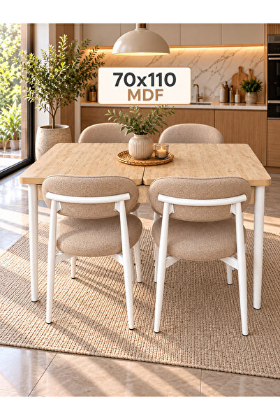 DEREN HOME Calve Serisi MDF 70x110 Açılabilir Traverten Masa 4 Adet Silinebil...