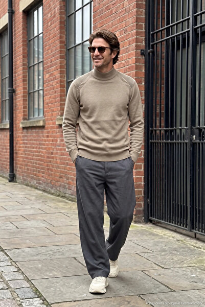 Çizgi Triko Men's Half Fisherman Shoulder Stripe Detailed Knitwear Cotton Min...