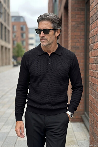 Çizgi Triko Men's Polo Collar Black Sweater Rice Patterned Cotton Knitwear St...