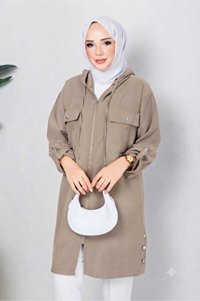 Pamuk Butik Kadın Diagonal Yanı Düğmeli Göğüs Cepli Giy Çık Kap