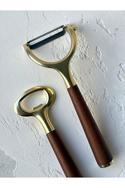 KaiAtelier Noma 2Li Acacia Handle Steel Gold Peeler and Opener Set