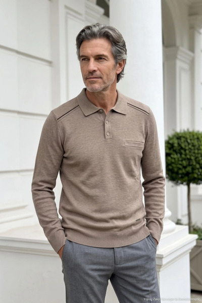Çizgi Triko Men's Polo Collar Mink Sweater with Cotton Shoulder Stripe Detail...