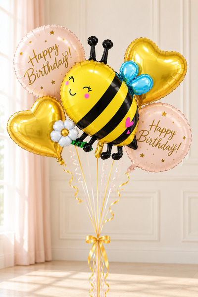 Baloncu Nene Bee Themed Foil Balloon Set of 5 Happy Birthday Heart Balloon Bi...