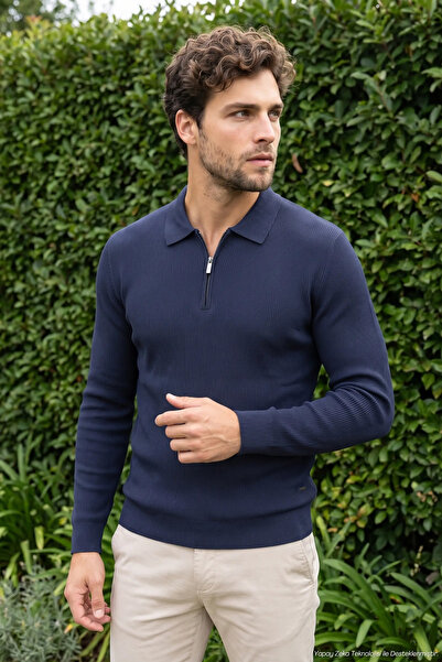 Çizgi Triko Men's Zippered Polo Collar Navy Blue Sweater Ribbed Textured Thin...