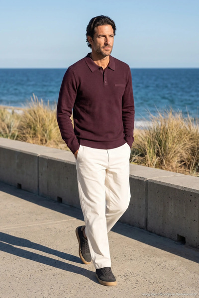 Çizgi Triko Men's Polo Collar Burgundy Sweater Rice Patterned Cotton Knitwear...