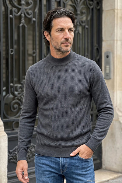 Çizgi Triko Men's Half Fisherman Dark Gray Sweater Cotton Knitwear Rice Patte...