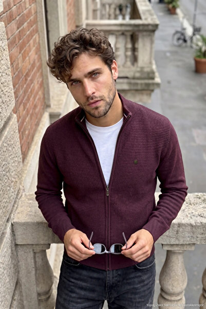Çizgi Triko Men's Zippered Cardigan Cotton Knitwear Rice Patterned Steel Knit...