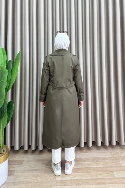 mercan moda TRENCHCOAT MARS din țesătură Bondit pentru femei, de culoare kaki, cu nasturi detașabili, curea detașabilă și detaliu buzunar