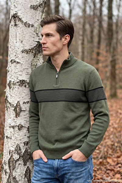Çizgi Triko Men's Half Fisherman Knitwear Cotton Green Sweater Stripe Pattern...