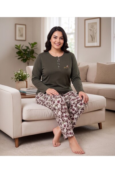 REN Women's khaki 100% cotton solid fabric plus size comfort fit pajama set
