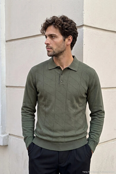 Çizgi Triko Men's Polo Collar Khaki Sweater with Stripe Pattern Knitwear Clas...