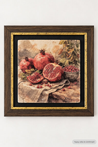 Vintage Nar Natürmort Desenli Doğal Taş Çerçeveli Tablo 30x30 cm