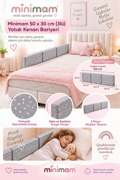 minimam Yeni Nesil Yatak Bariyeri 50 x 30 cm ( 3 Adet ) Pembe Yıldız