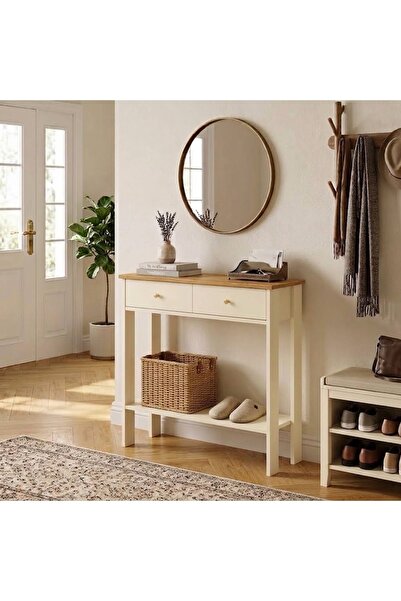 Home Mandosi 90 Cm Çift Çekmeceli Bej Meşe Plus Dresuar Gold Kulp