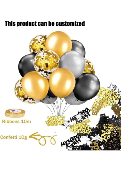 SDCNT Black Gold Confetti Latex Balloons Set, Happy Birthday Confetti and Rib...