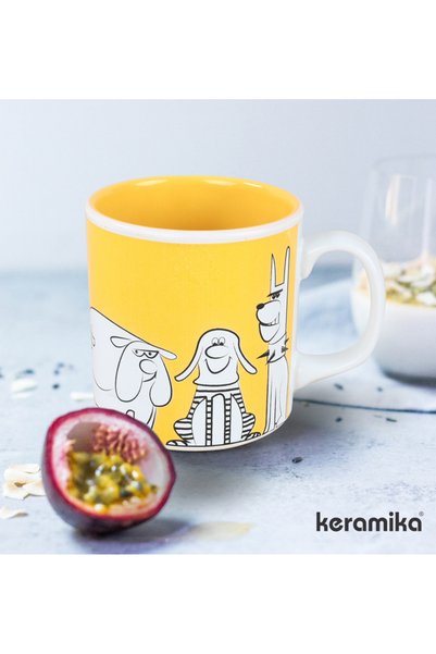 Keramika Kupa Silindirik Platin 10 cm Çift Renkli Dış Beyaz Sarı Köpek Kupa