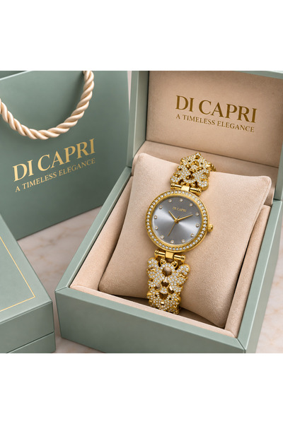 Generic Brand ساعة DI CAPRI نسائية ذهبية بمينا فضي مرصعة بالفصوصLOOSTER TIME