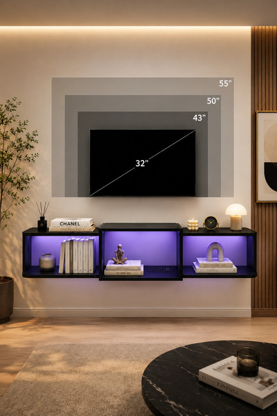 Yanara Mounted Floating TV Stand with LED Lighting, Modern Wooden Media Shelf Featuring Built-in USB Ports and Electrical Outlets. Under-TV Storage for Living Room, Bedroom, black