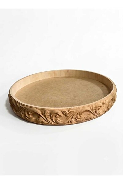 FırsatYapıMarket Ahşap İşlemeli Oval Tepsi Sunumluk Boyanabilir Dekoratif 30x20