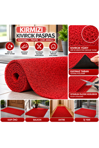 Genel Markalar Kırmızı Kıvırcık Paspas Kaymaz Tabanlı İç Dış Mekan Kapı Önü B...
