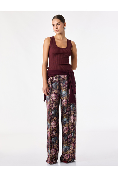 Koton Pleated Viscose Wide Leg Floral Palazzo Trousers with Pockets