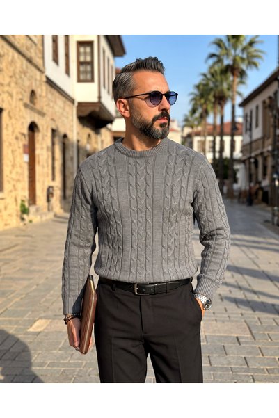 higo Men's Cavallo Old Money Hair Knit Crew Neck Sweater