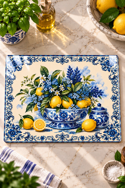 Decorita Cam Kesme Tahtası - Cam Kesme Tablası | Mavi Çini Tabağı Limon Desenli |29cm x 34cm
