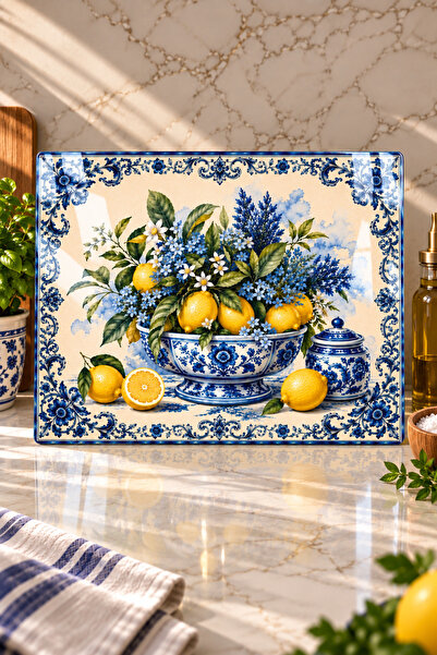 Decorita Glass Cutting Board - Glass Cutting Table |   Blue Tile Plate with L...