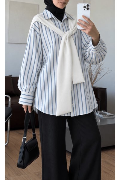 Hepsi Moda قميص مخطط مزدوج مع ربطة شال - أبيض (OS)