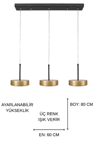 Fer Avize Ela Led Modern Tasarım 3 Renk Işık Seçenekli Enerji Tasarruflu 3'lü Led Avize Mutfak Salon Çocuk Odası Giyinme Odası