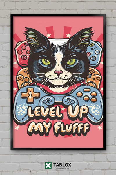 tablomaxtbx Tüylü Gamer Cat Fluffy Cat Gamer Art Διακόσμηση Τοίχου με Κορνίζα...