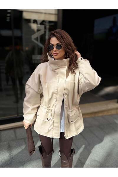 Eswomes Oversize Dik Yaka Oversize Deri Ceket Bej