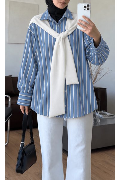 Hepsi Moda Çift Çizgili Şal Bağlamalı Gömlek - Bebe Mavisi ( ÖS )
