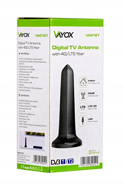 Vayox Antenă de interior rotundă DVB-T2 TV FHD 4K MUX-8 LTE Amplificator Magnet