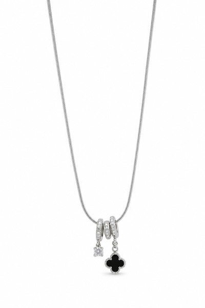 Jack Ferrero Steel Snake Chain Necklace with Clover and Single Stone Detail -...