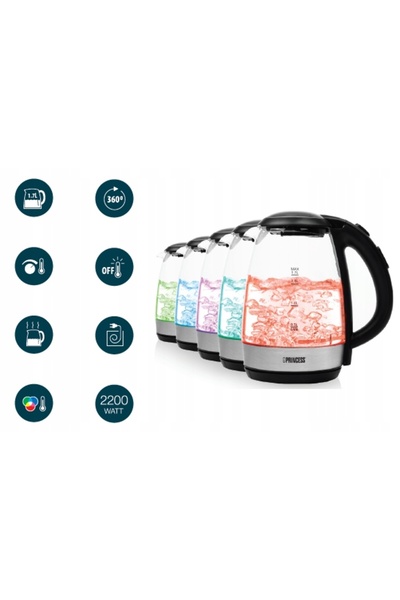 PRİNCESS Fierbător de sticlă cu lumină LED și control al temperaturii 1.7L ro...