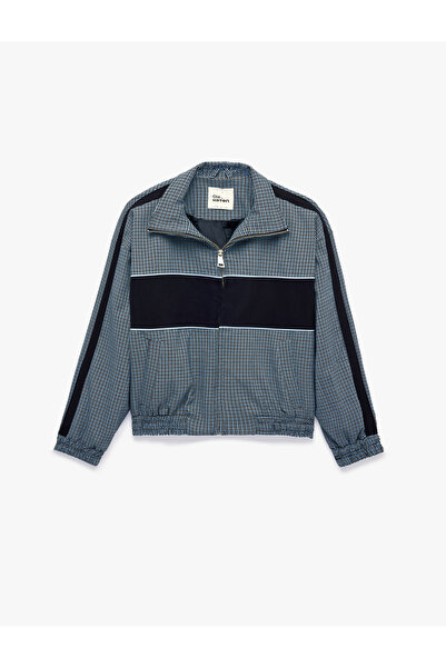 Koton Color Blocked Ribbed Checkered Pocket Zippered Stand Collar Seasonal Vi...