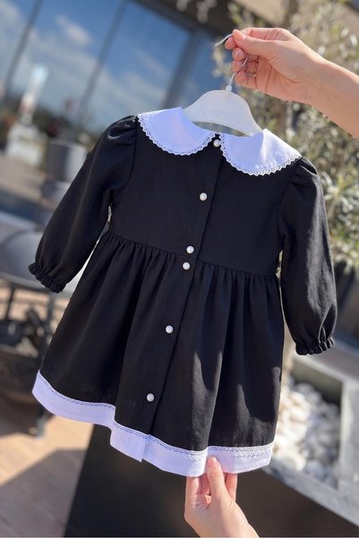 Bertuğ Bebek Lace Detailed Baby Collar Black Long Sleeve Girls' Baby Design Dress