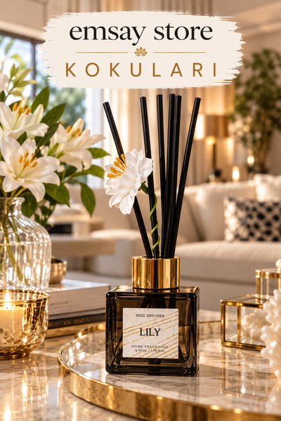 Emsay Store Lüks Çiçekli Lily Kokulu Dekoratif Çubuklu Oda Kokusu 50 ml – Siy...