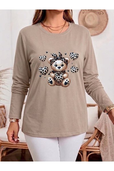 MaxiMor Women's Plus Size Printed Crew Neck Long Sleeve Viscose Cotton Lycra Fabric Oversize